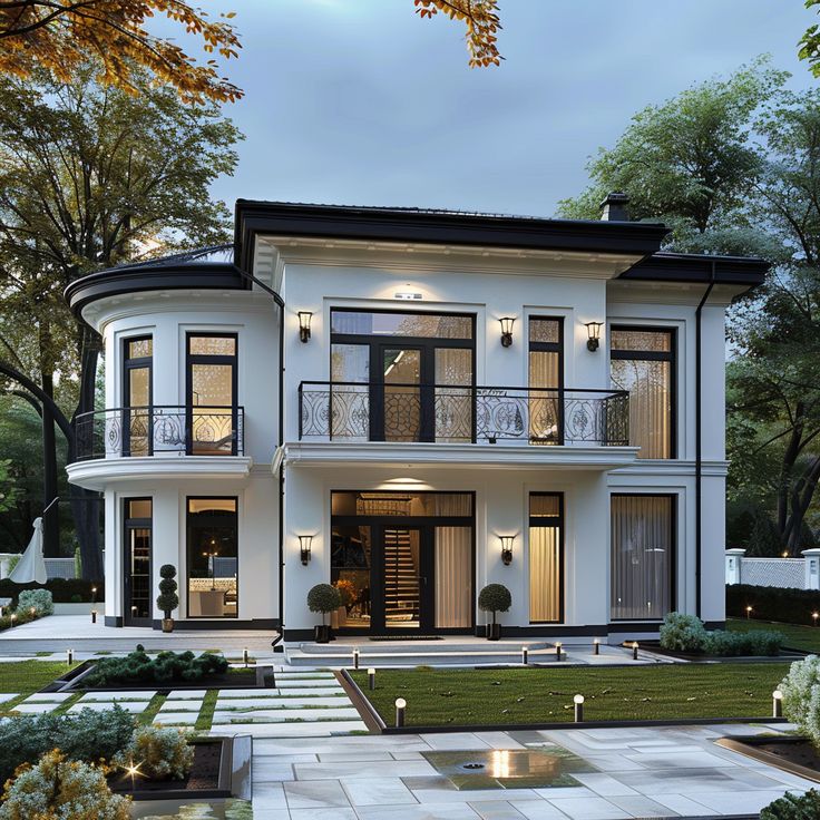 Классический особняк белого цвета с черными деталями